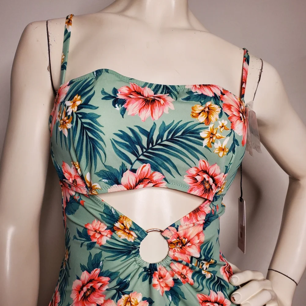 Shade & Shore One Piece Swimsuit Women's 36B Green Coral Tropical Floral NEW